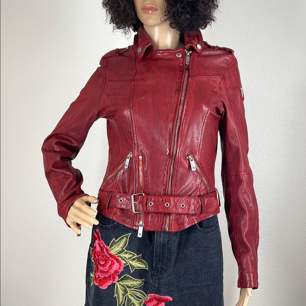 MAURITIUS Red Genuine Leather Moto Jacket
